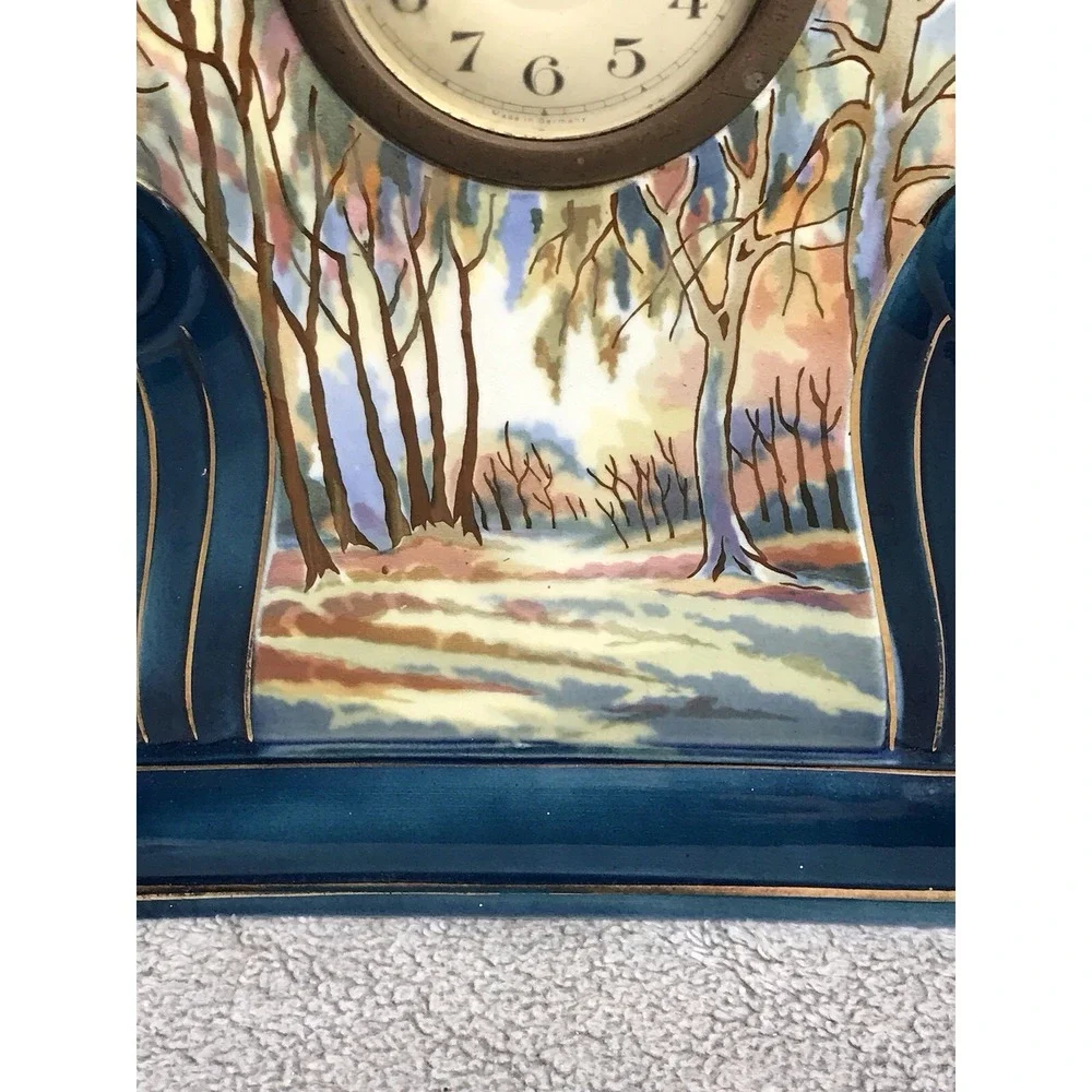 Vintage Landscape Painted Pottery Mantle Clock Germany Decor Art Nouveau‎